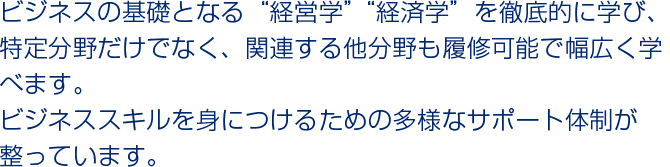 ビジネスの基礎となる“経営学”“経済学”を徹底的に学び、特定分野だけでなく、関連する他分野も履修可能で幅広く学べます。
ビジネススキルを身につけるための多様なサポート体制が整っています。