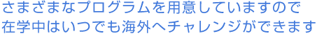 さまざまなプログラムを用意していますので在学中はいつでも海外へチャレンジができます