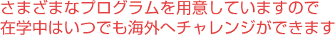 さまざまなプログラムを用意していますので在学中はいつでも海外へチャレンジができます